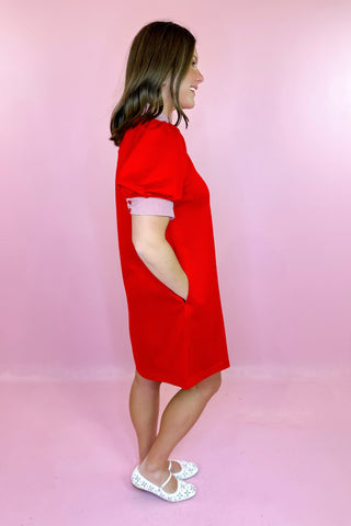  red short sleeve scuba mini dress with striped kaftan neckline