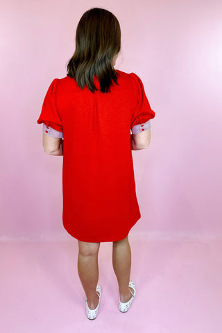  red short sleeve scuba mini dress with striped kaftan neckline