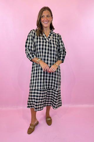 Evening Chill Plaid Flannel Midi Dress Black