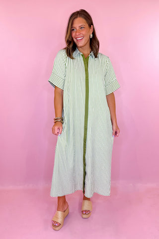 Everyday Pleasure Striped Midi Dress Olive Green