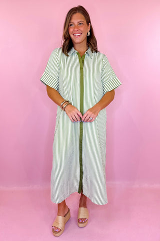 Everyday Pleasure Striped Midi Dress Olive Green