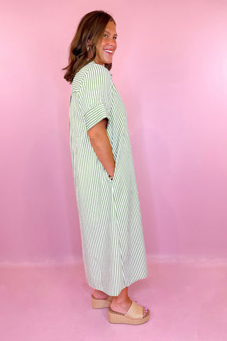 Everyday Pleasure Striped Midi Dress Olive Green