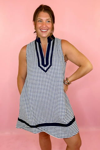 Gingham Sleeveless Mini Dress Navy