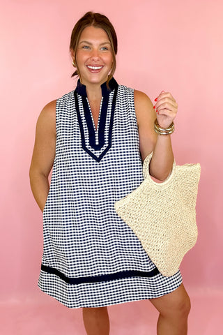 Gingham Sleeveless Mini Dress Navy