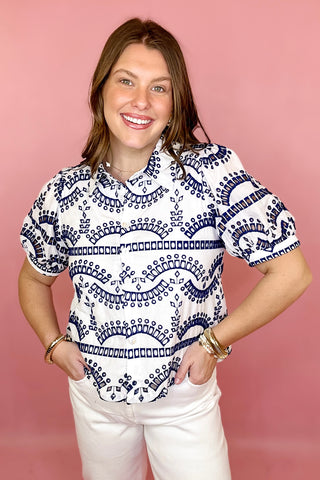 navy and white embroidered button down top set