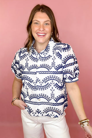 navy and white embroidered button down top set