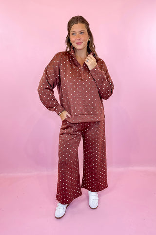 Polka Dot Half Zip Pullover & Wide Leg Pant Scuba Knit Set - Brown