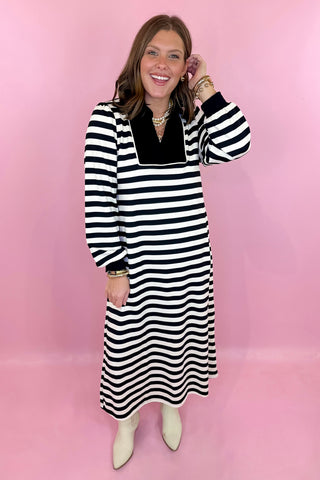 Casual Hangout Striped Midi Dress - Black