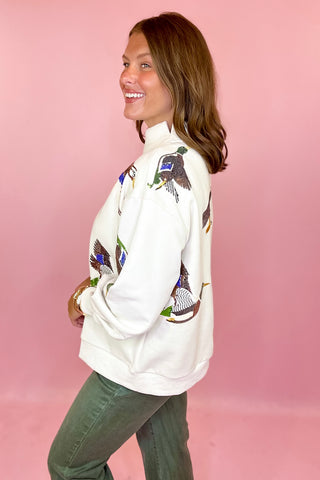 Queen Of Sparkles: Flying Ducks Mock Neck Sweatshirt - Ivory