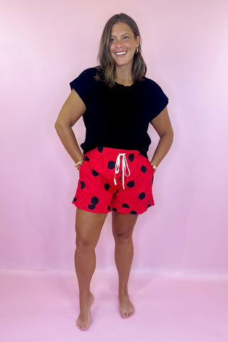 Gameday Ruffle Hem Polka Dot Poplin Shorts - Red/Black