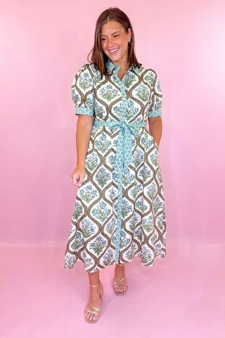 Just Around The Corner Floral Midi Dress- Natural
