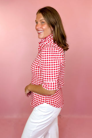 Adrienne: Jodie Gingham Ruffle Top - Red