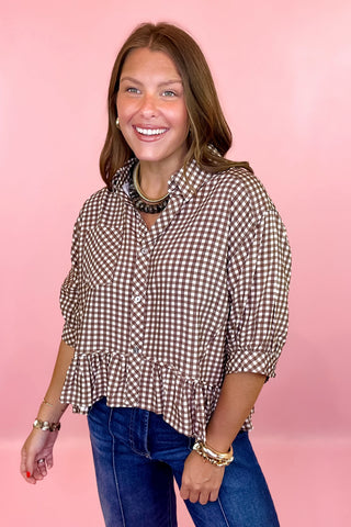 Feeling Right Gingham Top - Brown