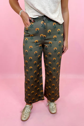 Young Heart Floral Wide Leg Pants - Olive