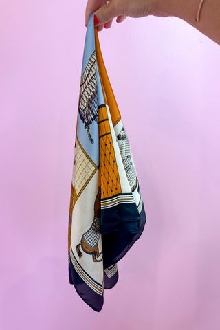 Multi Equestrian Silky Scarf - Blue/Toffee