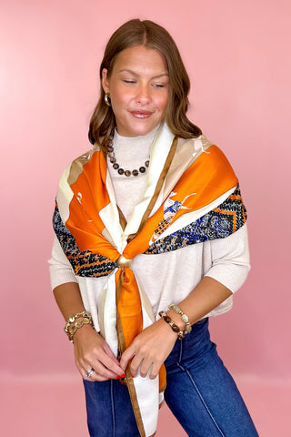 Equestrian Elegant Silk Scarf - Orange/Brown