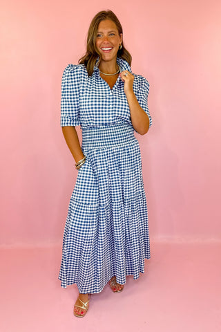 Adrienne: Aerin Seersucker Gingham Midi Skirt - Navy