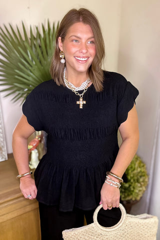Smocked Linen Top Black
