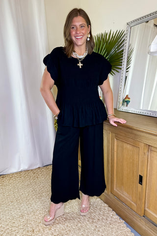 Smocked Linen Top Black