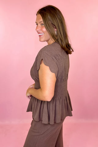 Feel The Breeze Smocked Linen Top Espresso