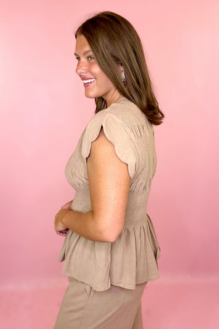 Feel The Breeze Smocked Linen Top Latte