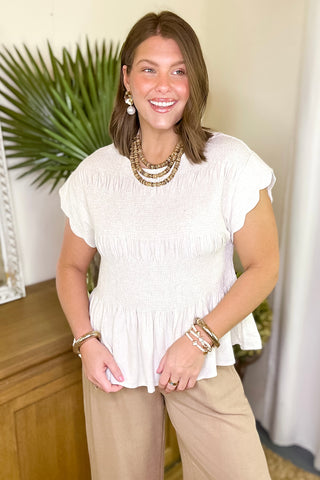Smocked Linen Top Oatmeal
