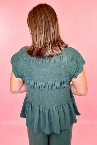 Feel The Breeze Smocked Linen Top Palm Green