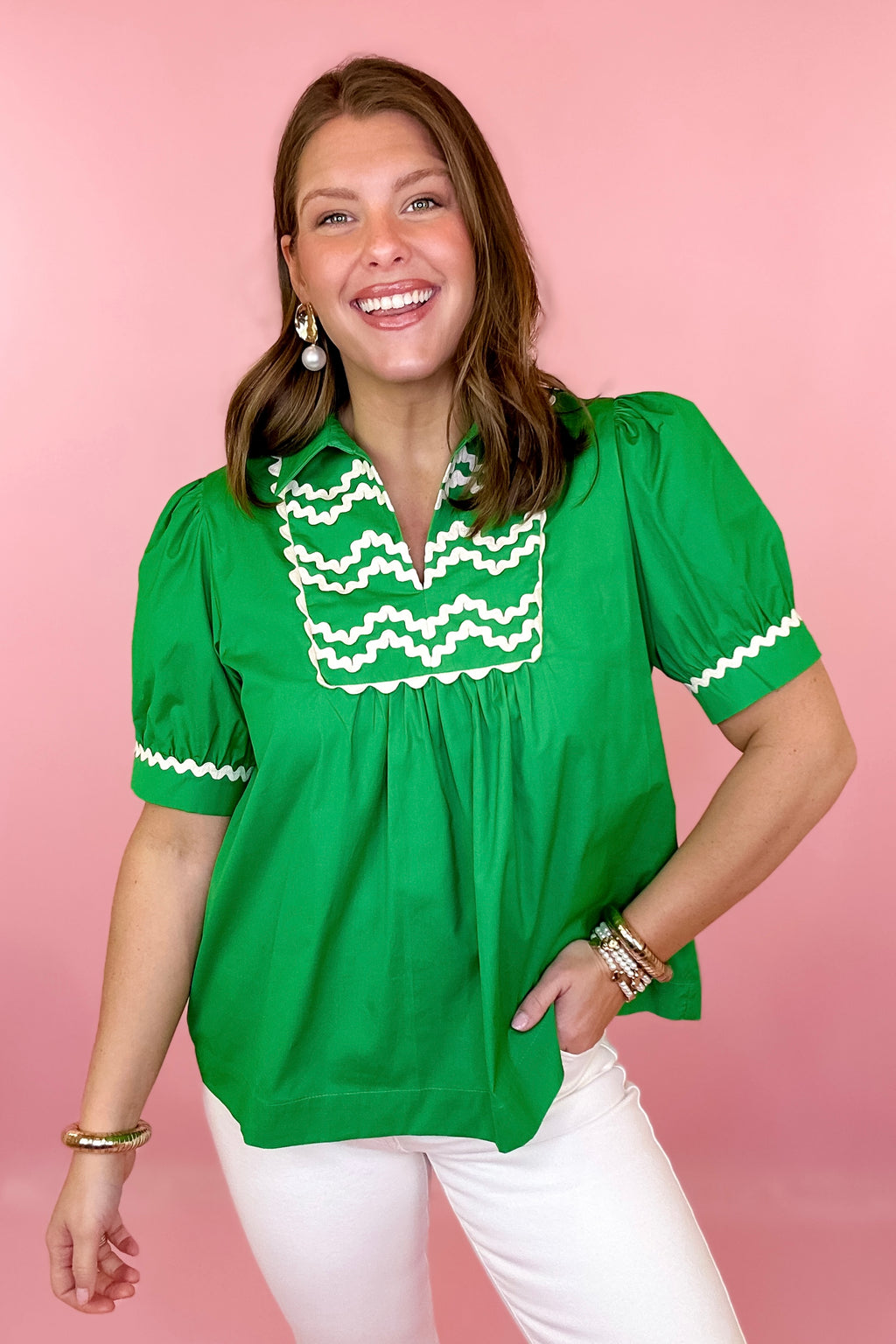 Feeling Connected Ric-Rac Trim Top - Kelly Green – maddiebea