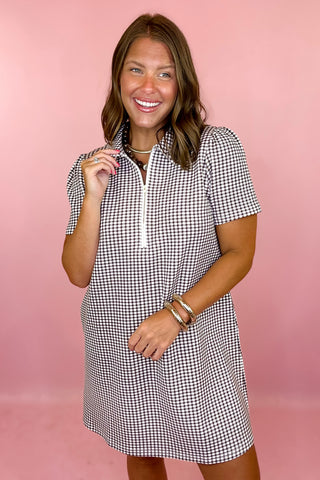  Gingham Mini Dress - Brown