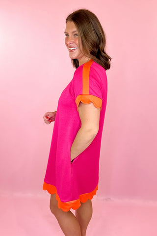 Scuba Knit Scallop Mini Dress Fuchsia/Orange