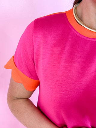 Scuba Knit Scallop Mini Dress Fuchsia/Orange