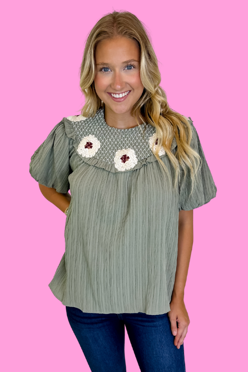 Olive green blouse with smocked neckline