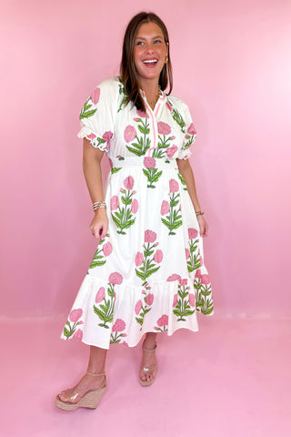 Field Of Hope Floral Midi Dress Cream Pink