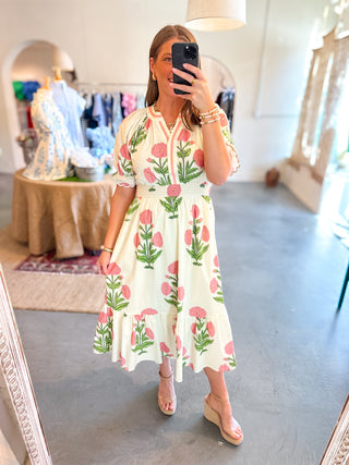 Field Of Hope Floral Midi Dress Cream Pink