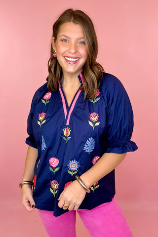 Floral Delight Embroidered Top Navy