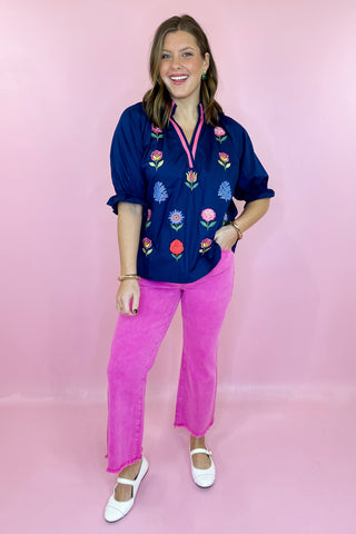 Floral Delight Embroidered Top Navy