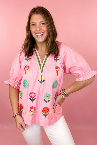 Floral Delight Embroidered Top Pink