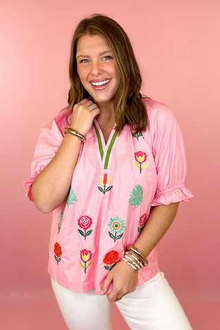 Floral Delight Embroidered Top Pink