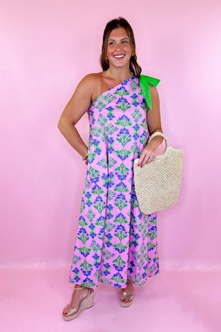 Floral One Shoulder Midi Dress Pink