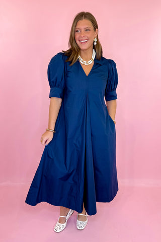 navy pleated midi dress