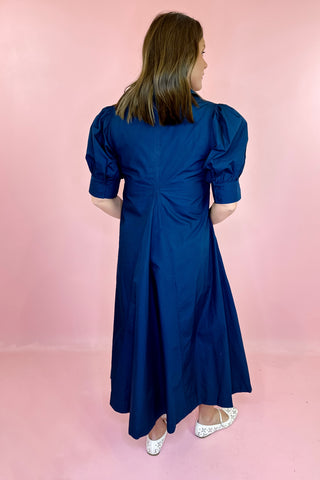 navy pleated midi dress