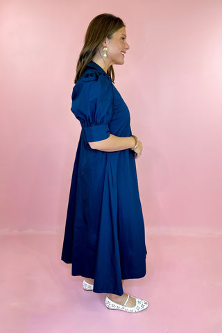 navy pleated midi dress