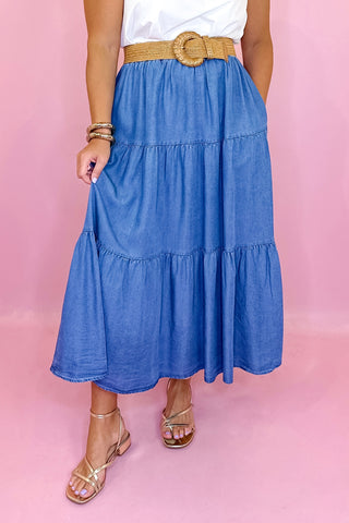 Free Falling Denim Midi Skirt Light Wash