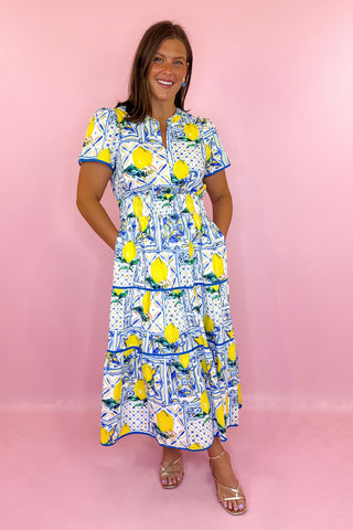 Fresh Squeeze Lemon Midi Dress Blue/Yellow