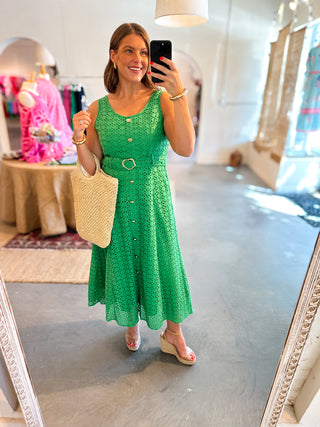  Sleeveless Eyelet Midi Dress Green
