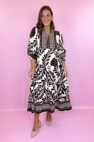 Gather Around Floral Midi Dress Brown