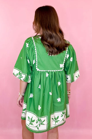 green babydoll style dress with florals relaxed fit coastal chic grandmillennial