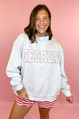 Georgia Red Stitch Embroidered Oversized Mock Sweatshirt Grey