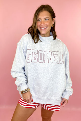 Georgia Red Stitch Embroidered Oversized Mock Sweatshirt Grey