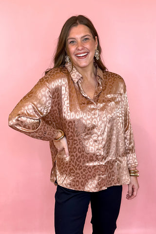 Plus size satin leopard button down top